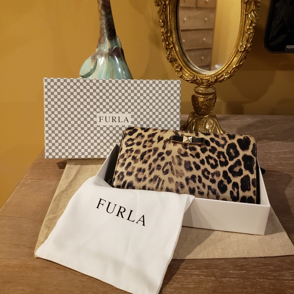 Furla Handbags - Furla Leopard Print Zip Wallet w/ Gold Hardware, Bow Accent, Dusty & Box